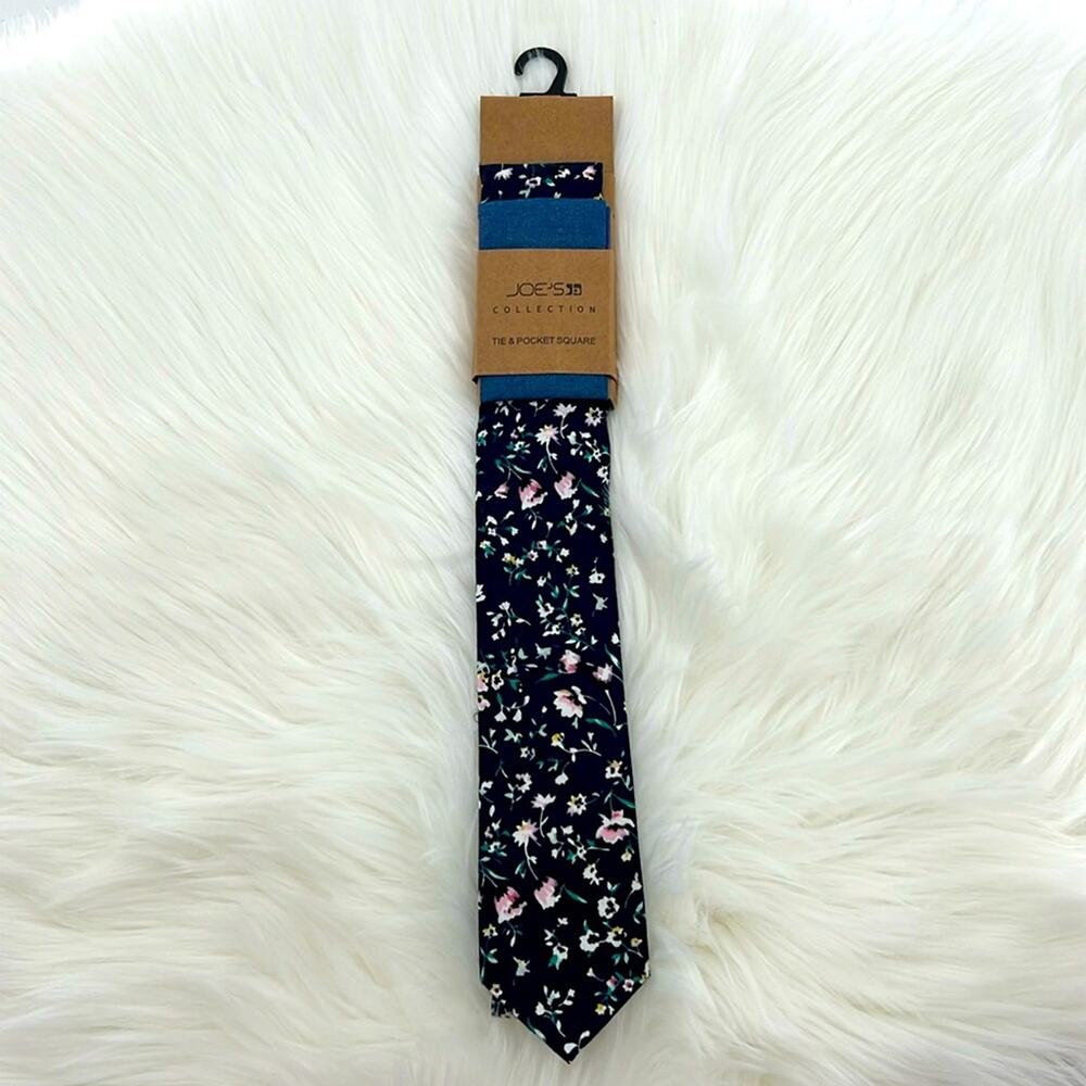 Joe's Collection Tie & Pocket Square Set - Floral/Denim Blue - One Size - NWT
